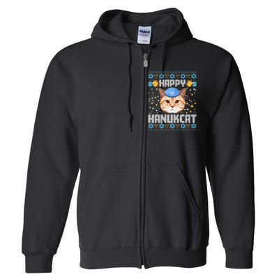 Happy Hanukcat Ugly Hanukkah Sweater Cat Chanukah Jewish Long Sleeve Full Zip Hoodie