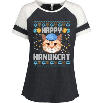 Happy Hanukcat Ugly Hanukkah Sweater Cat Chanukah Jewish Long Sleeve Enza Ladies Jersey Colorblock Tee