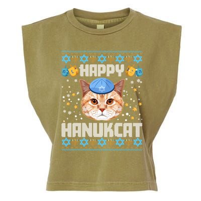 Happy Hanukcat Ugly Hanukkah Sweater Cat Chanukah Jewish Long Sleeve Garment-Dyed Women's Muscle Tee