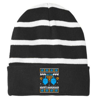 Happy Hanukkah Ugly Sweater Chanukah Jewish Christmas Gifts Striped Beanie with Solid Band