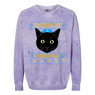 Happy Hanukcat Ugly Hanukkah Sweater Cat Chanukah Jewish Gift Colorblast Crewneck Sweatshirt