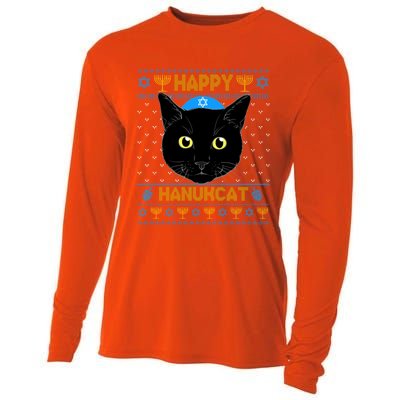 Happy Hanukcat Ugly Hanukkah Sweater Cat Chanukah Jewish Gift Cooling Performance Long Sleeve Crew