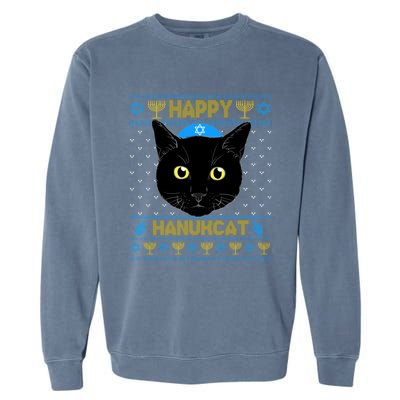 Happy Hanukcat Ugly Hanukkah Sweater Cat Chanukah Jewish Gift Garment-Dyed Sweatshirt