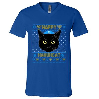 Happy Hanukcat Ugly Hanukkah Sweater Cat Chanukah Jewish Gift V-Neck T-Shirt