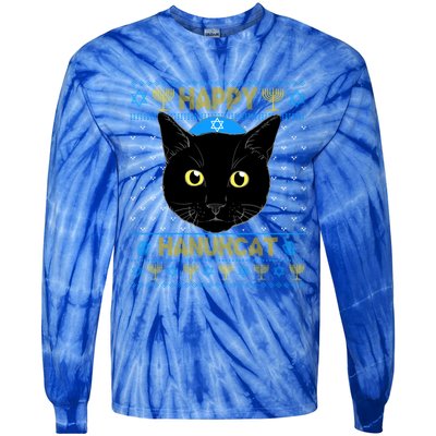 Happy Hanukcat Ugly Hanukkah Sweater Cat Chanukah Jewish Gift Tie-Dye Long Sleeve Shirt