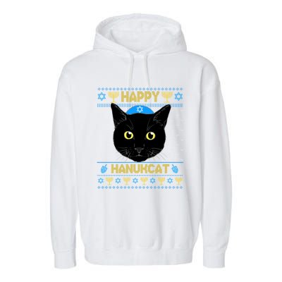 Happy Hanukcat Ugly Hanukkah Sweater Cat Chanukah Jewish Gift Garment-Dyed Fleece Hoodie