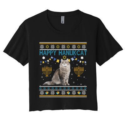 Happy Hanucat Ugly Hanukkah Chanukah Cat Lover Gift Women's Crop Top Tee