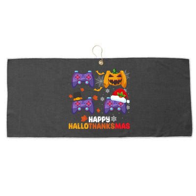 Happy Hallothanksmas Video Game Halloween Thanksgiving Xmas Gift Large Microfiber Waffle Golf Towel