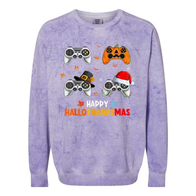 Happy Hallothanksmas Video Game Halloween Thanksgiving Xmas Colorblast Crewneck Sweatshirt