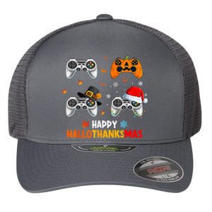 Happy Hallothanksmas Video Game Halloween Thanksgiving Xmas Flexfit Unipanel Trucker Cap