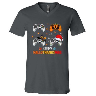 Happy Hallothanksmas Video Game Halloween Thanksgiving Xmas V-Neck T-Shirt