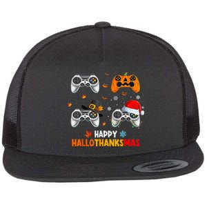 Happy Hallothanksmas Video Game Halloween Thanksgiving Xmas Flat Bill Trucker Hat