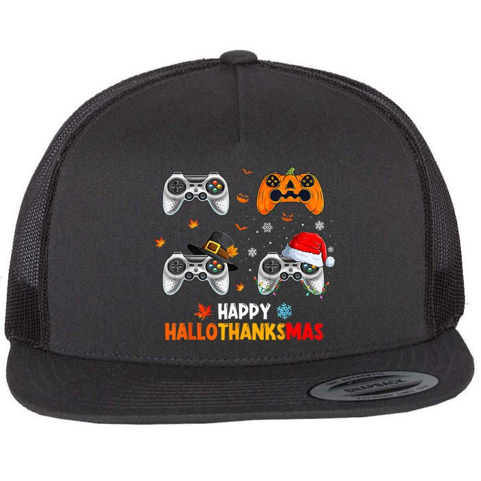 Happy Hallothanksmas Video Game Halloween Thanksgiving Xmas Flat Bill Trucker Hat