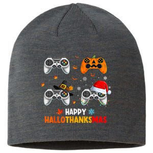 Happy Hallothanksmas Video Game Halloween Thanksgiving Xmas Sustainable Beanie