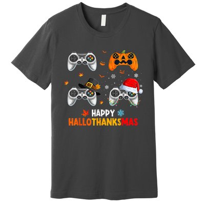 Happy Hallothanksmas Video Game Halloween Thanksgiving Xmas Premium T-Shirt