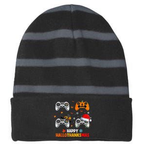 Happy Hallothanksmas Video Game Halloween Thanksgiving Xmas Striped Beanie with Solid Band