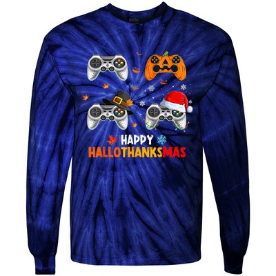 Happy Hallothanksmas Video Game Halloween Thanksgiving Xmas Tie-Dye Long Sleeve Shirt