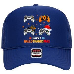 Happy Hallothanksmas Video Game Halloween Thanksgiving Xmas High Crown Mesh Back Trucker Hat