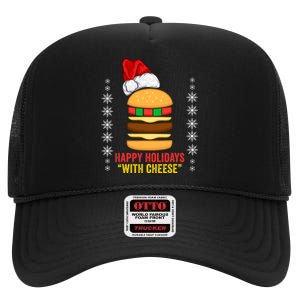 Happy Holidays With Cheese Cheeseburger Hamburger Christmas Xmas High Crown Mesh Back Trucker Hat