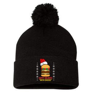 Happy Holidays With Cheese Cheeseburger Hamburger Christmas Xmas Pom Pom 12in Knit Beanie