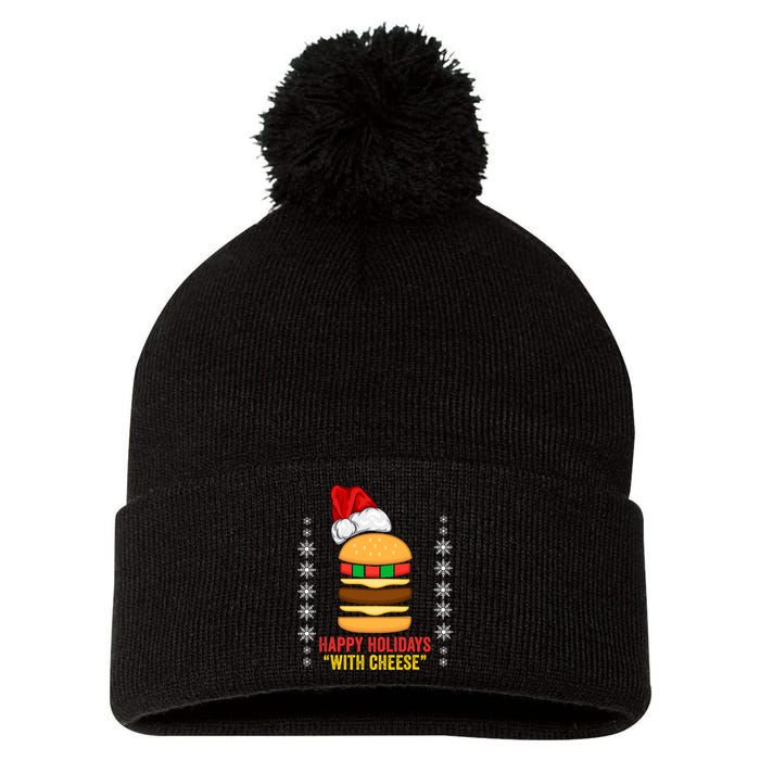 Happy Holidays With Cheese Cheeseburger Hamburger Christmas Xmas Pom Pom 12in Knit Beanie