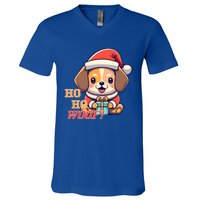 Ho Ho Woof! Cute Dog With Santa Hat And Gift V-Neck T-Shirt