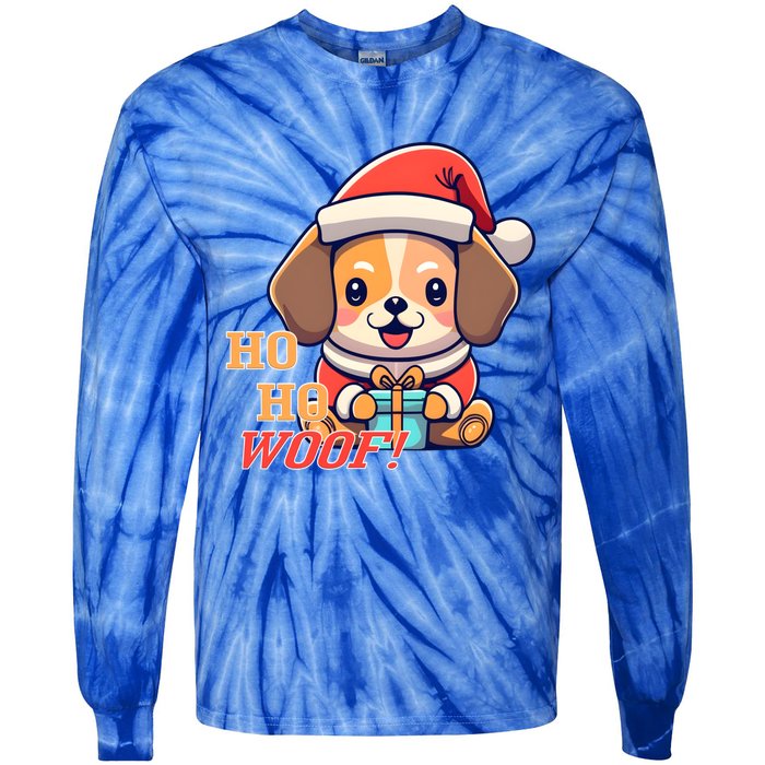 Ho Ho Woof! Cute Dog With Santa Hat And Gift Tie-Dye Long Sleeve Shirt