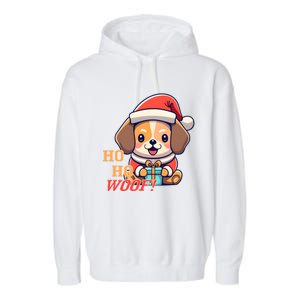 Ho Ho Woof! Cute Dog With Santa Hat And Gift Garment-Dyed Fleece Hoodie