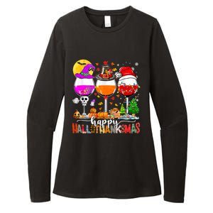 Happy Hallothanksmas Wine Glasses Witch Santa Hat Pumpkin Womens CVC Long Sleeve Shirt