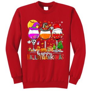 Happy Hallothanksmas Wine Glasses Witch Santa Hat Pumpkin Sweatshirt