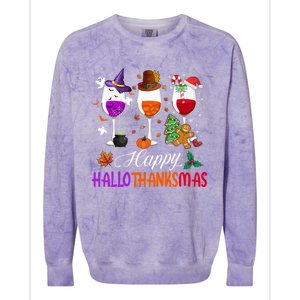 Happy Hallothanksmas Wine Glasses Halloween Thanksgiving Cool Gift Colorblast Crewneck Sweatshirt