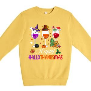 Happy Hallothanksmas Wine Glasses Halloween Thanksgiving Cool Gift Premium Crewneck Sweatshirt