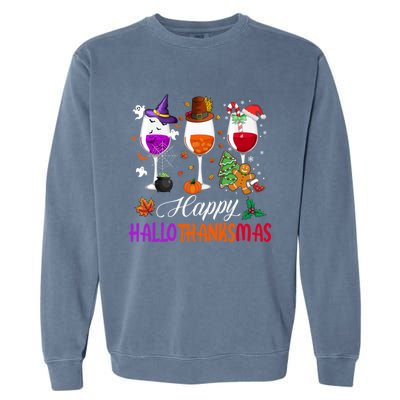 Happy Hallothanksmas Wine Glasses Halloween Thanksgiving Cool Gift Garment-Dyed Sweatshirt