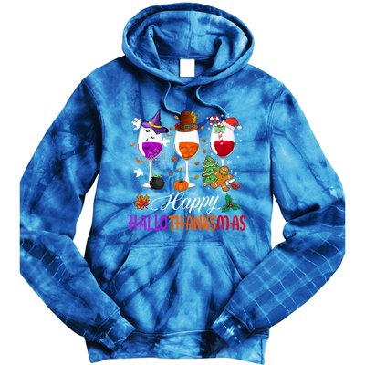 Happy Hallothanksmas Wine Glasses Halloween Thanksgiving Cool Gift Tie Dye Hoodie