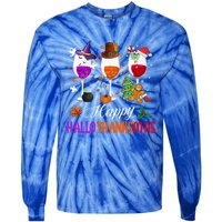 Happy Hallothanksmas Wine Glasses Halloween Thanksgiving Cool Gift Tie-Dye Long Sleeve Shirt