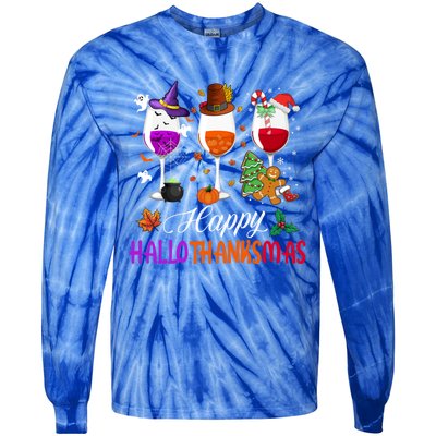 Happy Hallothanksmas Wine Glasses Halloween Thanksgiving Cool Gift Tie-Dye Long Sleeve Shirt