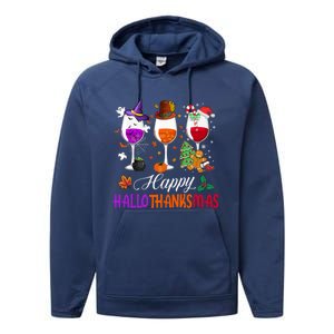 Happy Hallothanksmas Wine Glasses Halloween Thanksgiving Cool Gift Performance Fleece Hoodie