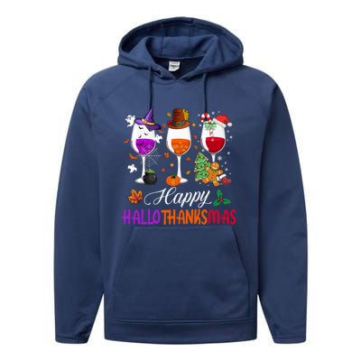 Happy Hallothanksmas Wine Glasses Halloween Thanksgiving Cool Gift Performance Fleece Hoodie