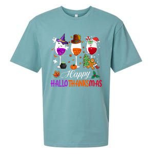 Happy Hallothanksmas Wine Glasses Halloween Thanksgiving Cool Gift Sueded Cloud Jersey T-Shirt