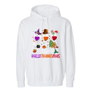 Happy Hallothanksmas Wine Glasses Halloween Thanksgiving Cool Gift Garment-Dyed Fleece Hoodie