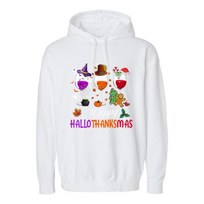 Happy Hallothanksmas Wine Glasses Halloween Thanksgiving Cool Gift Garment-Dyed Fleece Hoodie