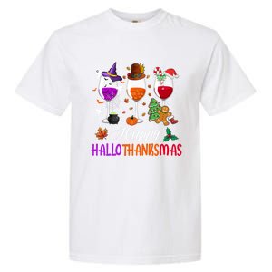 Happy Hallothanksmas Wine Glasses Halloween Thanksgiving Cool Gift Garment-Dyed Heavyweight T-Shirt