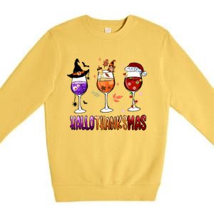 Happy Hallothanksmas Wine Halloween Thanksgiving Christmas Gift Premium Crewneck Sweatshirt