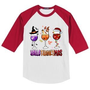 Happy Hallothanksmas Wine Halloween Thanksgiving Christmas Gift Kids Colorblock Raglan Jersey