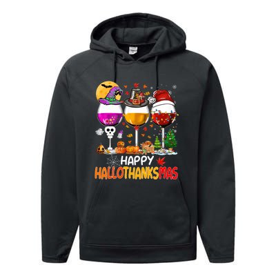 Happy Hallothanksmas Wine Glasses Witch Santa Hat Pumpkin Performance Fleece Hoodie