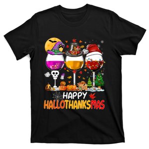 Happy Hallothanksmas Wine Glasses Witch Santa Hat Pumpkin T-Shirt