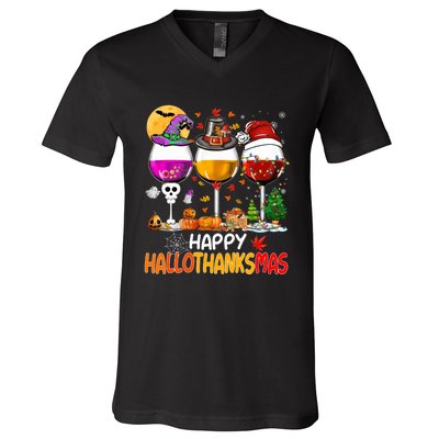 Happy Hallothanksmas Wine Glasses Witch Santa Hat Pumpkin V-Neck T-Shirt