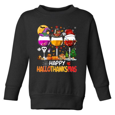 Happy Hallothanksmas Wine Glasses Witch Santa Hat Pumpkin Toddler Sweatshirt