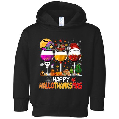 Happy Hallothanksmas Wine Glasses Witch Santa Hat Pumpkin Toddler Hoodie