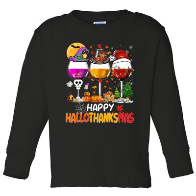 Happy Hallothanksmas Wine Glasses Witch Santa Hat Pumpkin Toddler Long Sleeve Shirt